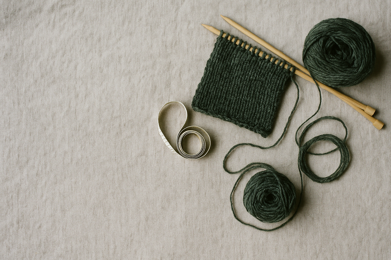 A flat-lay of hand-knitting in progress on oatmeal linen: a knitted swatch in heathered wool, wooden needles, a measuring tape, and a ball of deep green yarn.